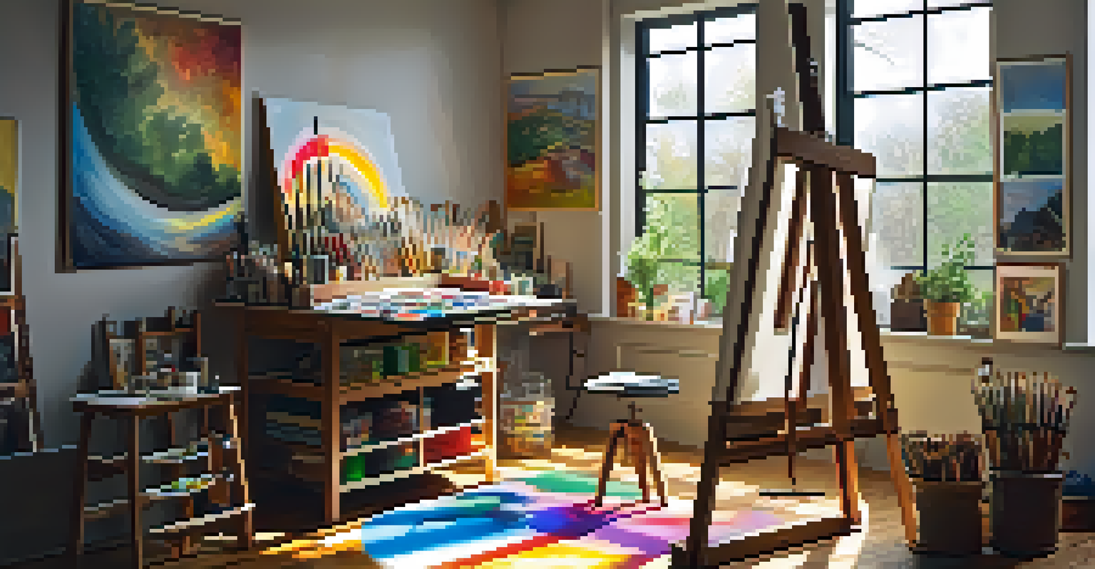 An artist's studio with colorful paintings on the walls, an easel with a canvas, and sunlight streaming through a window.
