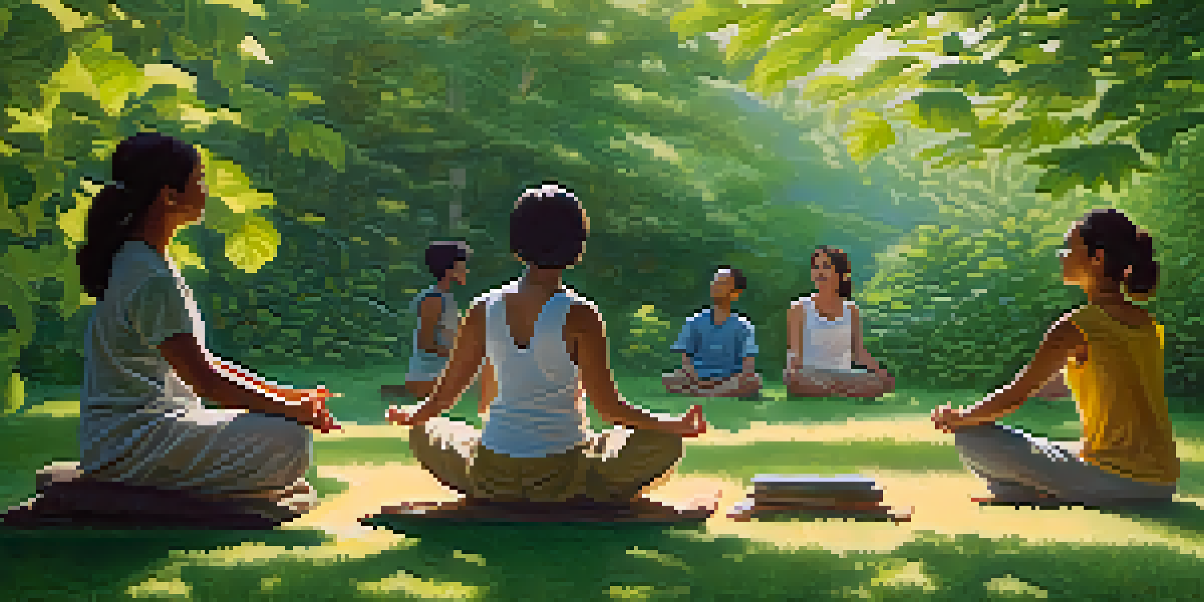 A diverse group of people meditating in a peaceful natural setting, surrounded by greenery and sunlight.