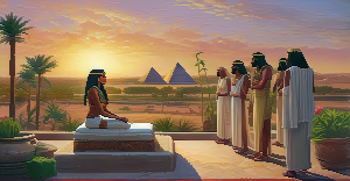 An ancient Egyptian landscape at sunset with cannabis plants and people offering to a statue of the goddess Hathor.