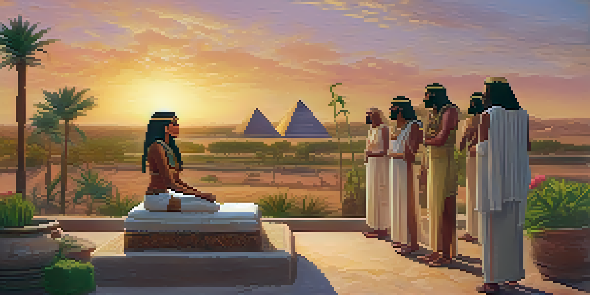 An ancient Egyptian landscape at sunset with cannabis plants and people offering to a statue of the goddess Hathor.