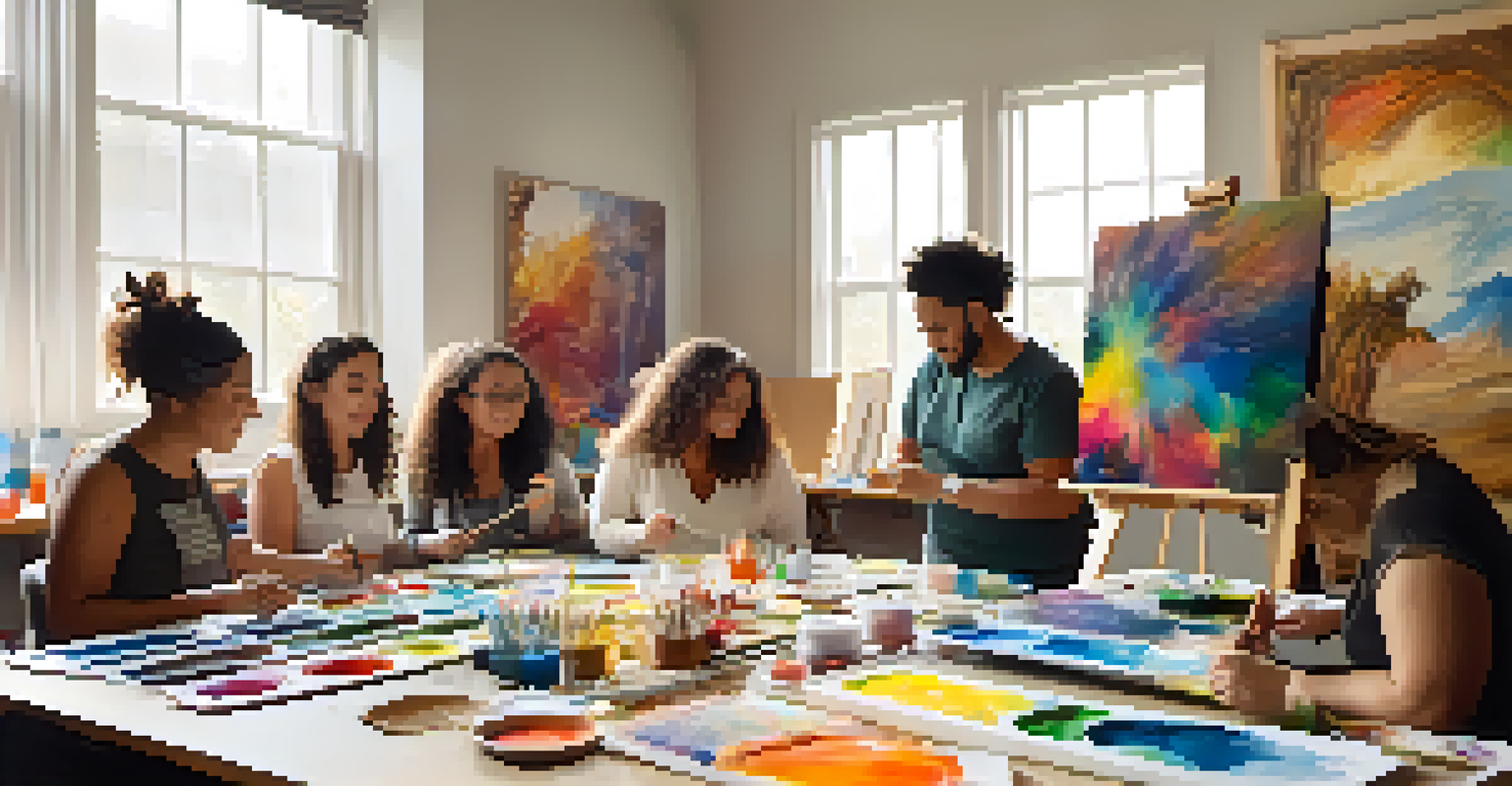 Participants engaged in an art therapy session, painting in a bright room filled with colorful art and natural light.