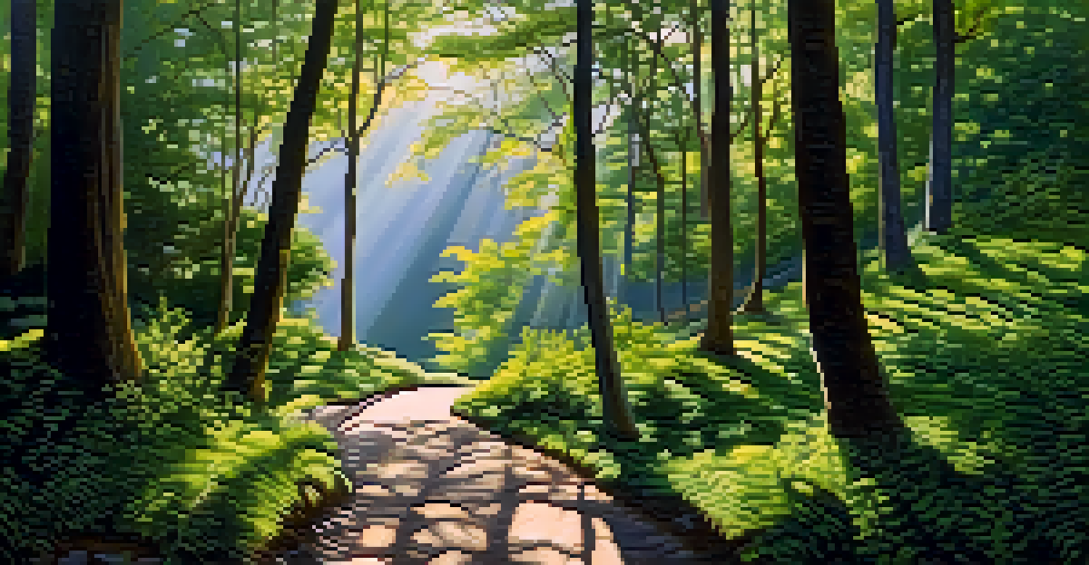 A winding path through a lush forest with sunlight filtering through the trees, and a person walking peacefully.