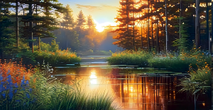 A peaceful forest landscape at sunset with a pond reflecting the warm colors of the sky and surrounded by wildflowers.
