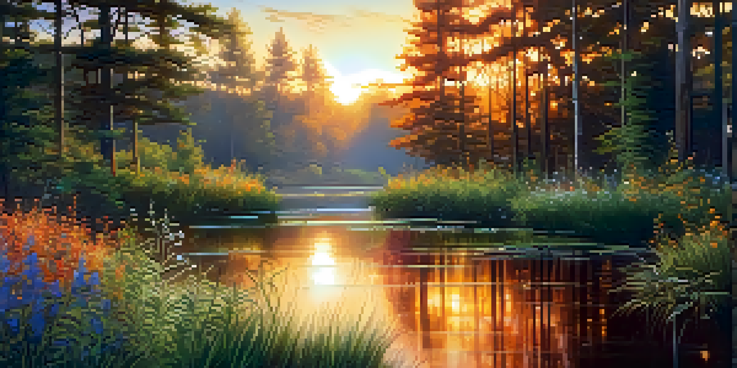 A peaceful forest landscape at sunset with a pond reflecting the warm colors of the sky and surrounded by wildflowers.