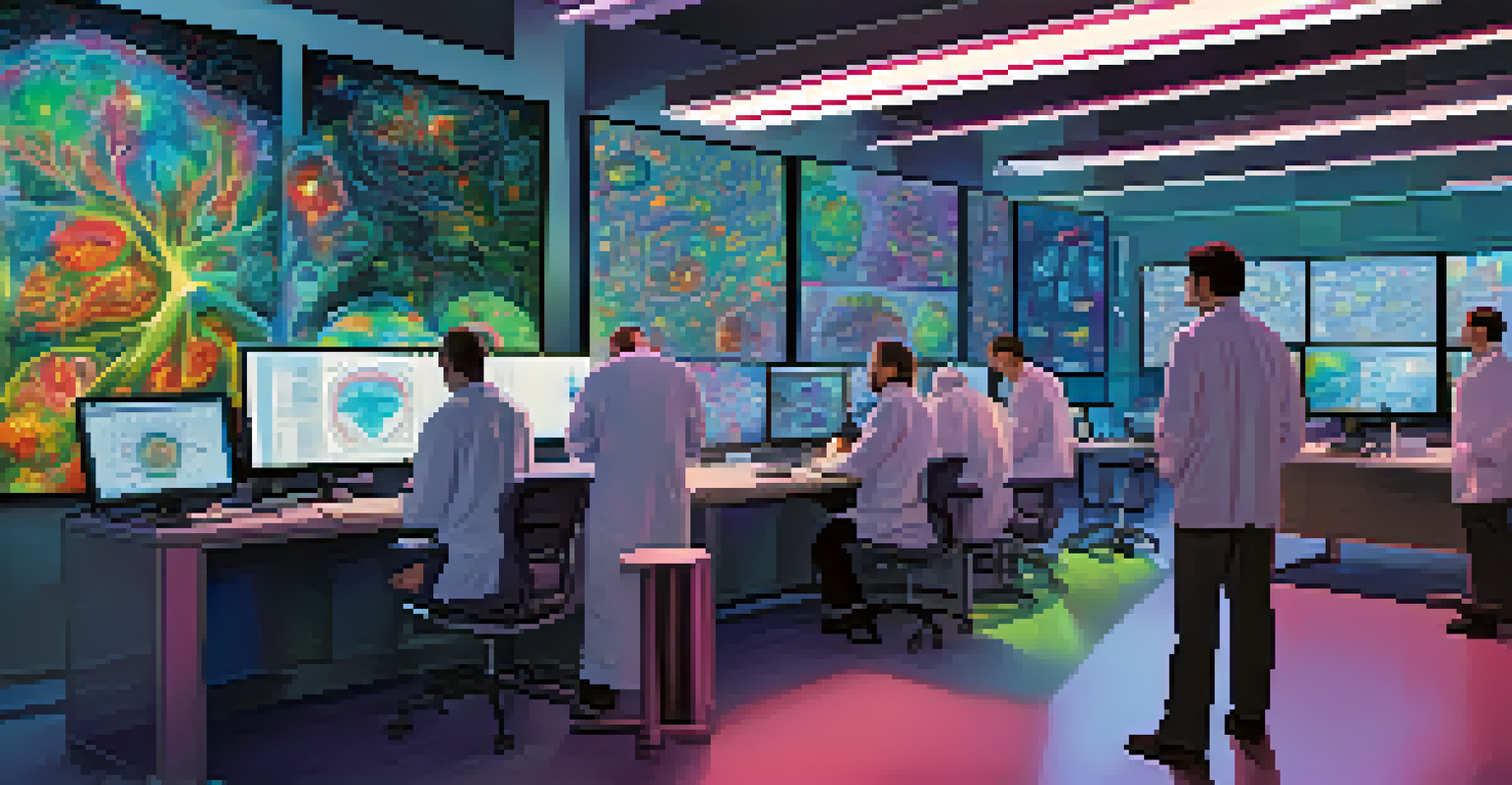 A modern research laboratory with scientists examining brain scans and psychedelic visuals, emphasizing the connection between science and hallucinogens.