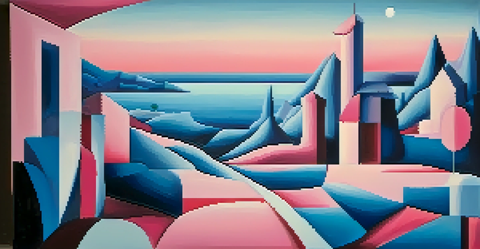 A surreal landscape with fragmented shapes and abstract forms in blue and pink, inspired by Picasso's art, creating a dreamlike atmosphere.