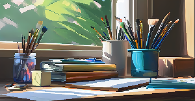 A bright workspace with art supplies on a wooden desk, a plant, and sketches, illuminated by soft morning light.