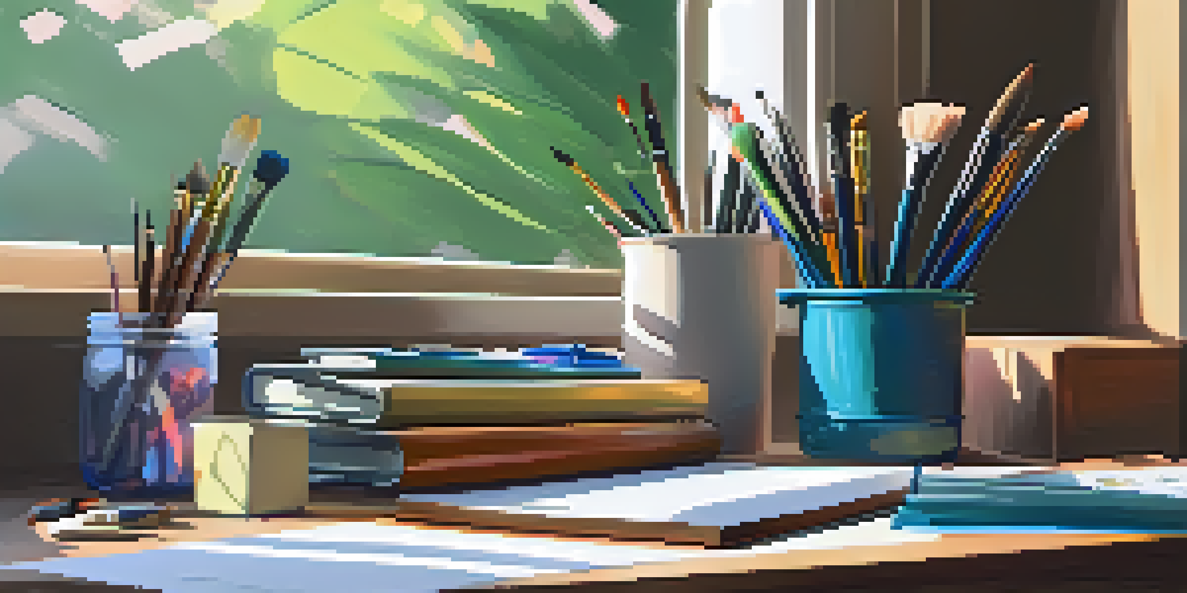 A bright workspace with art supplies on a wooden desk, a plant, and sketches, illuminated by soft morning light.