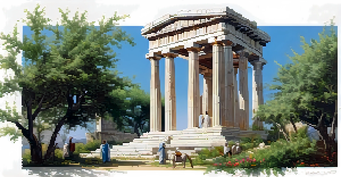An ancient Greek temple in Eleusis surrounded by greenery, with participants in robes at the entrance, under a clear blue sky.
