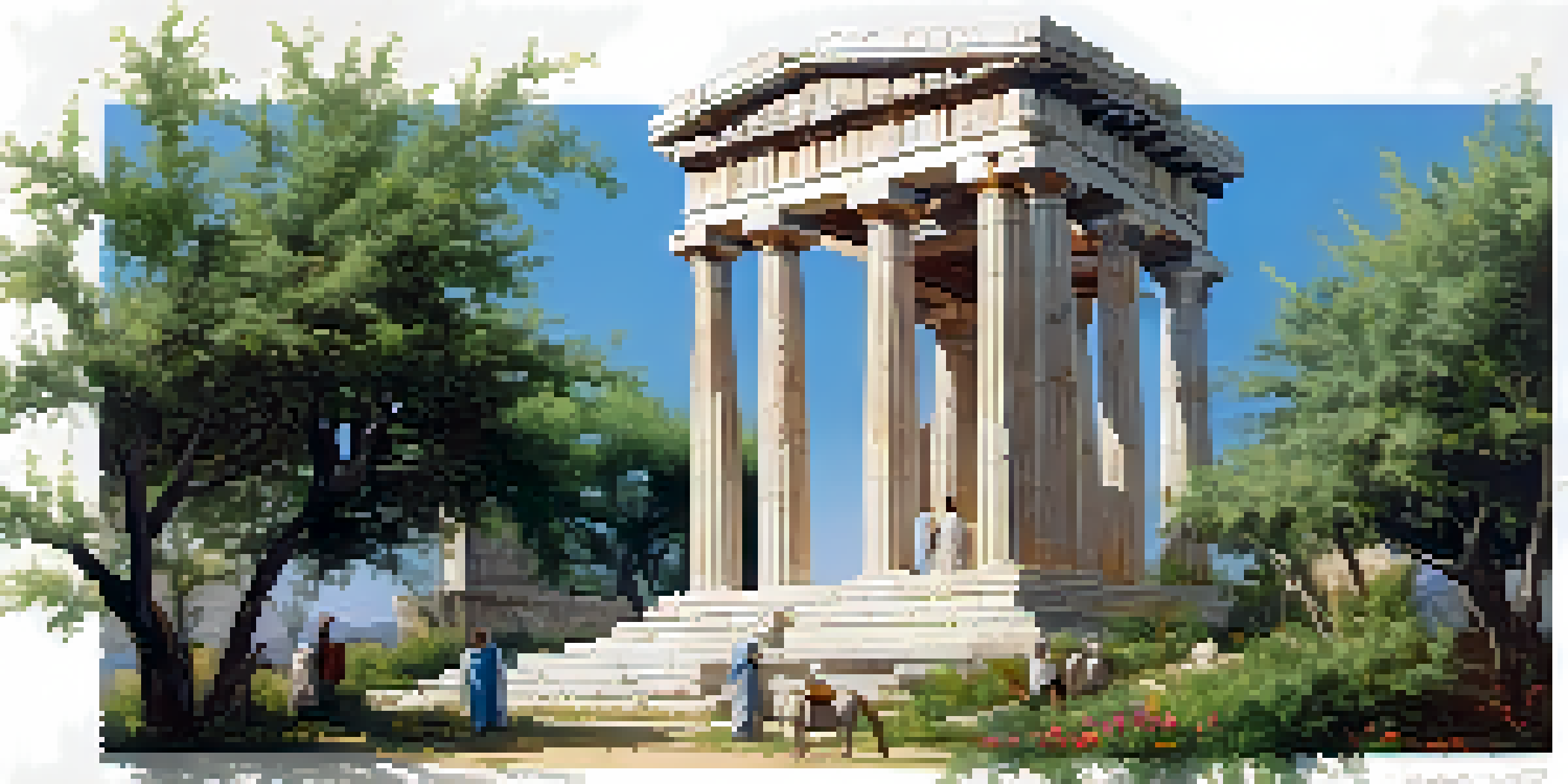 An ancient Greek temple in Eleusis surrounded by greenery, with participants in robes at the entrance, under a clear blue sky.