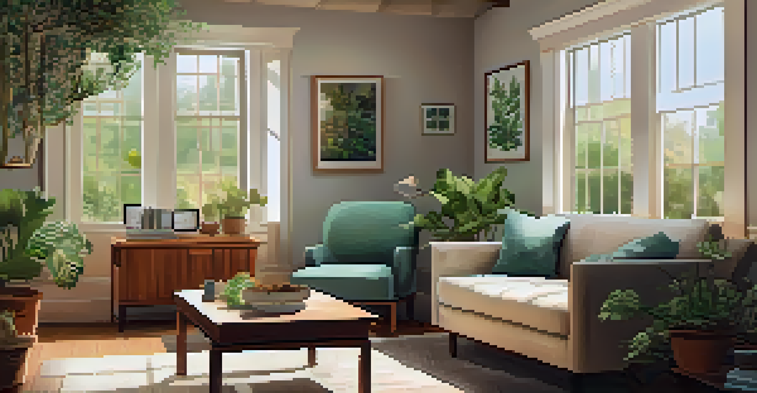 A warm and inviting therapy room with natural light, comfortable seating, plants, and a coffee table with a journal and tea.