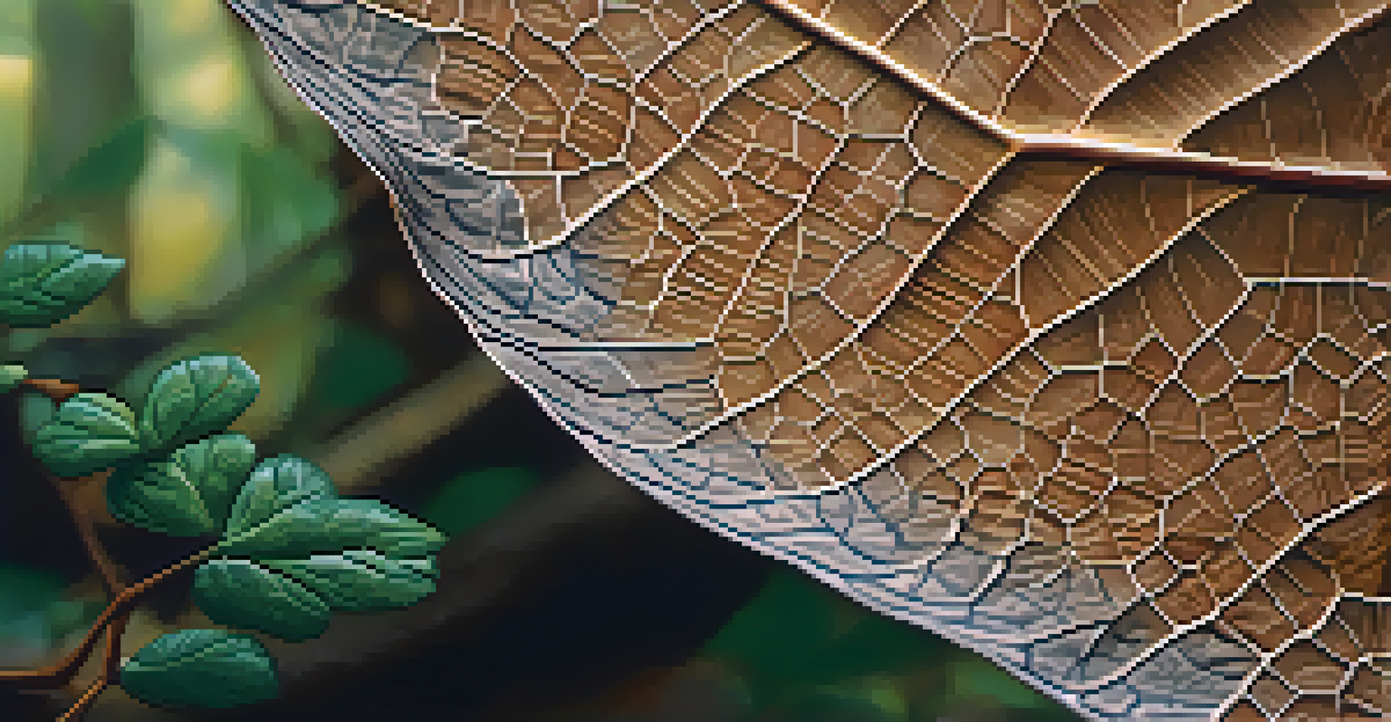 A close-up of a leaf and tree bark textures, showcasing intricate natural patterns in soft light.
