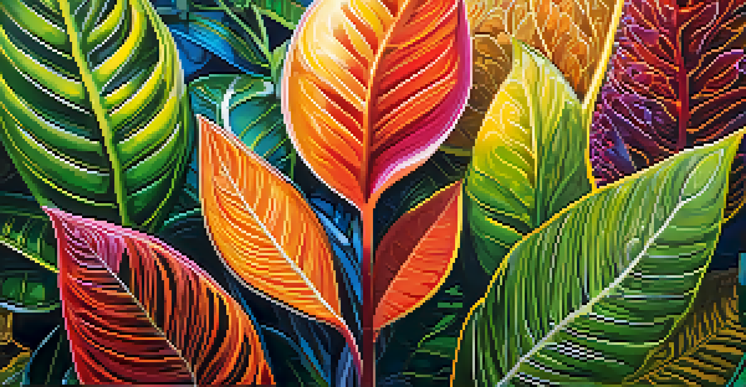 Close-up of vibrant DMT-containing plants with intricate leaf patterns and textures, illuminated by sunlight in their natural habitat.