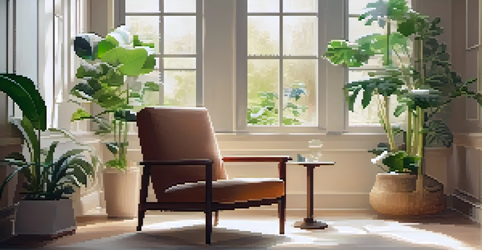 A cozy therapy room with a comfortable armchair, plants, and soft lighting, evoking a feeling of safety and tranquility.