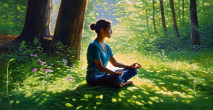 A person meditating in a peaceful forest, surrounded by trees and flowers, with sunlight shining through the leaves.