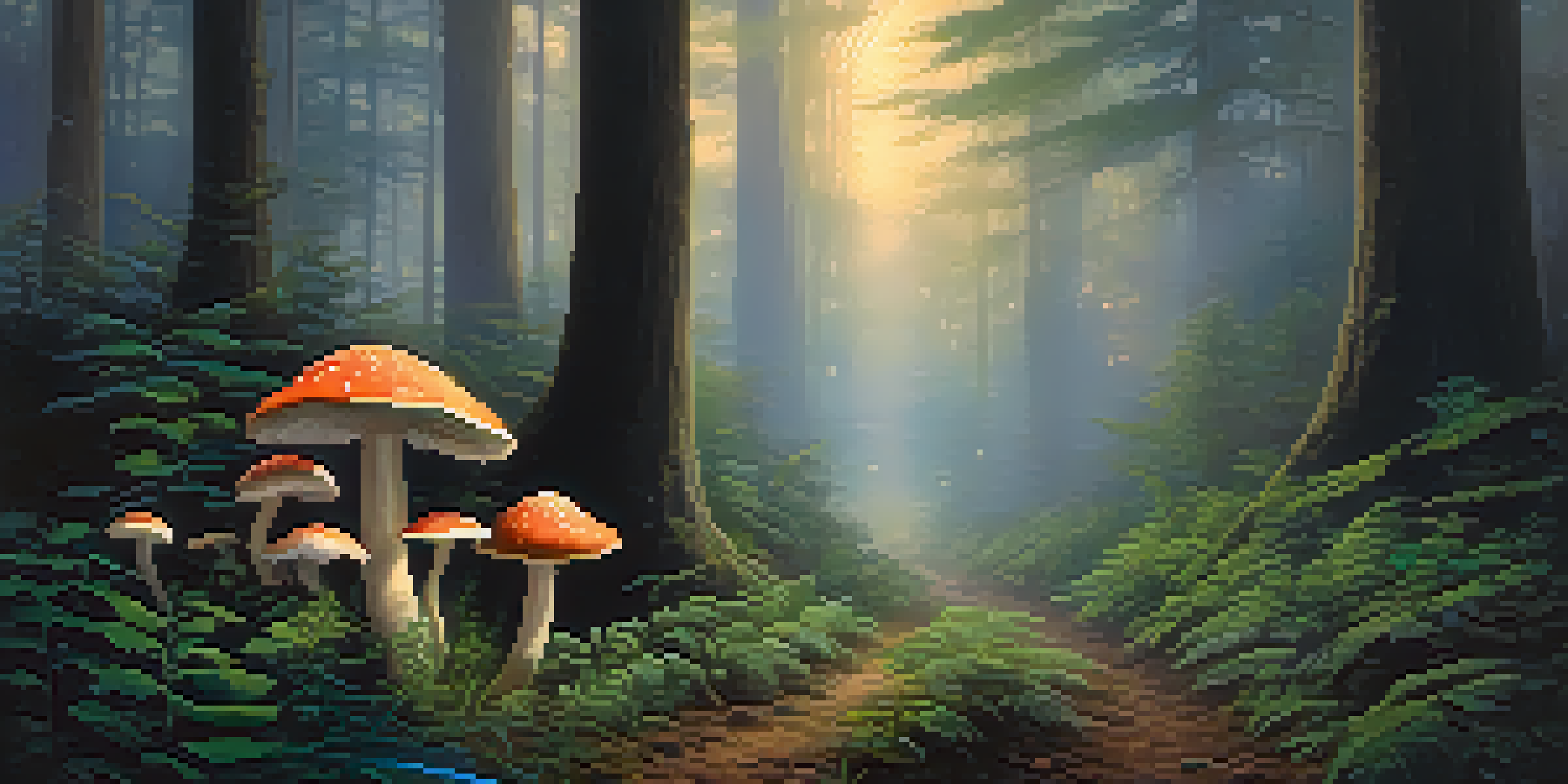 A peaceful forest at dusk with glowing mushrooms and mist, creating a magical ambiance.