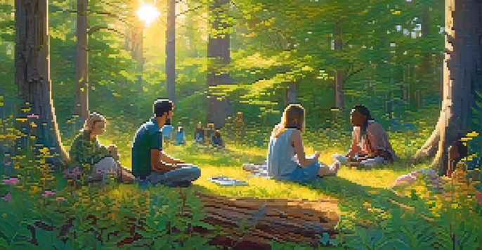 A peaceful forest with sunlight shining through the trees, where a diverse group of people are sitting in a circle, showing expressions of empathy and connection.