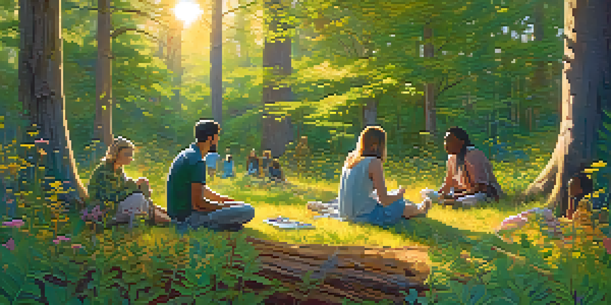 A peaceful forest with sunlight shining through the trees, where a diverse group of people are sitting in a circle, showing expressions of empathy and connection.