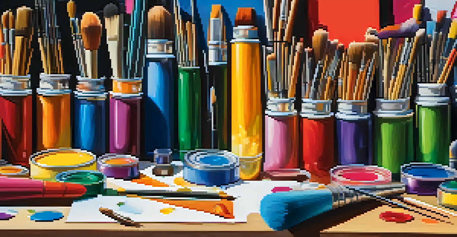 A creative workspace with colorful art supplies and musical instruments, illustrating the connection between art and synesthesia.