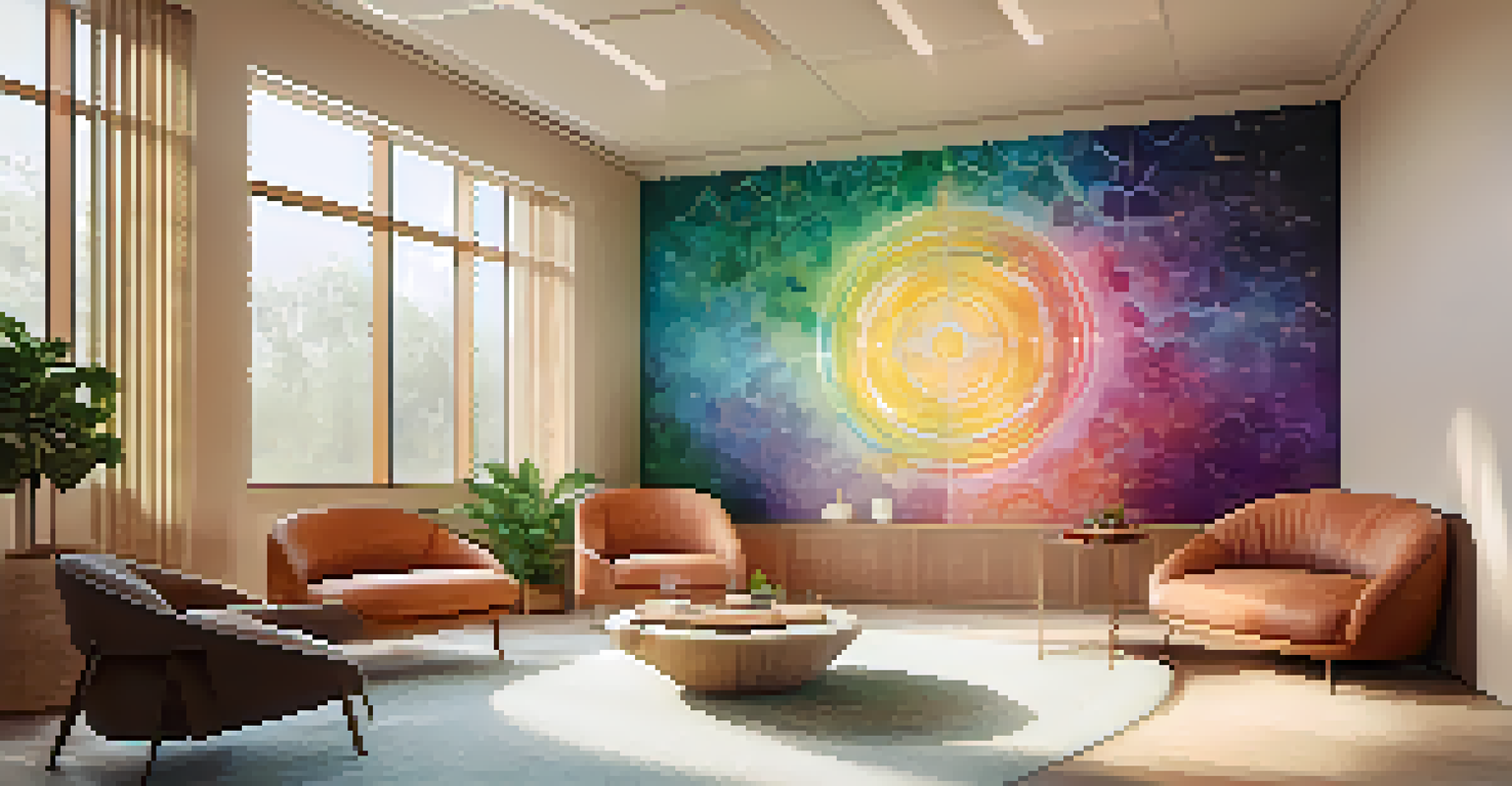 A cozy therapy room with comfortable seating, soft lighting, and calming artwork, designed for therapeutic sessions.