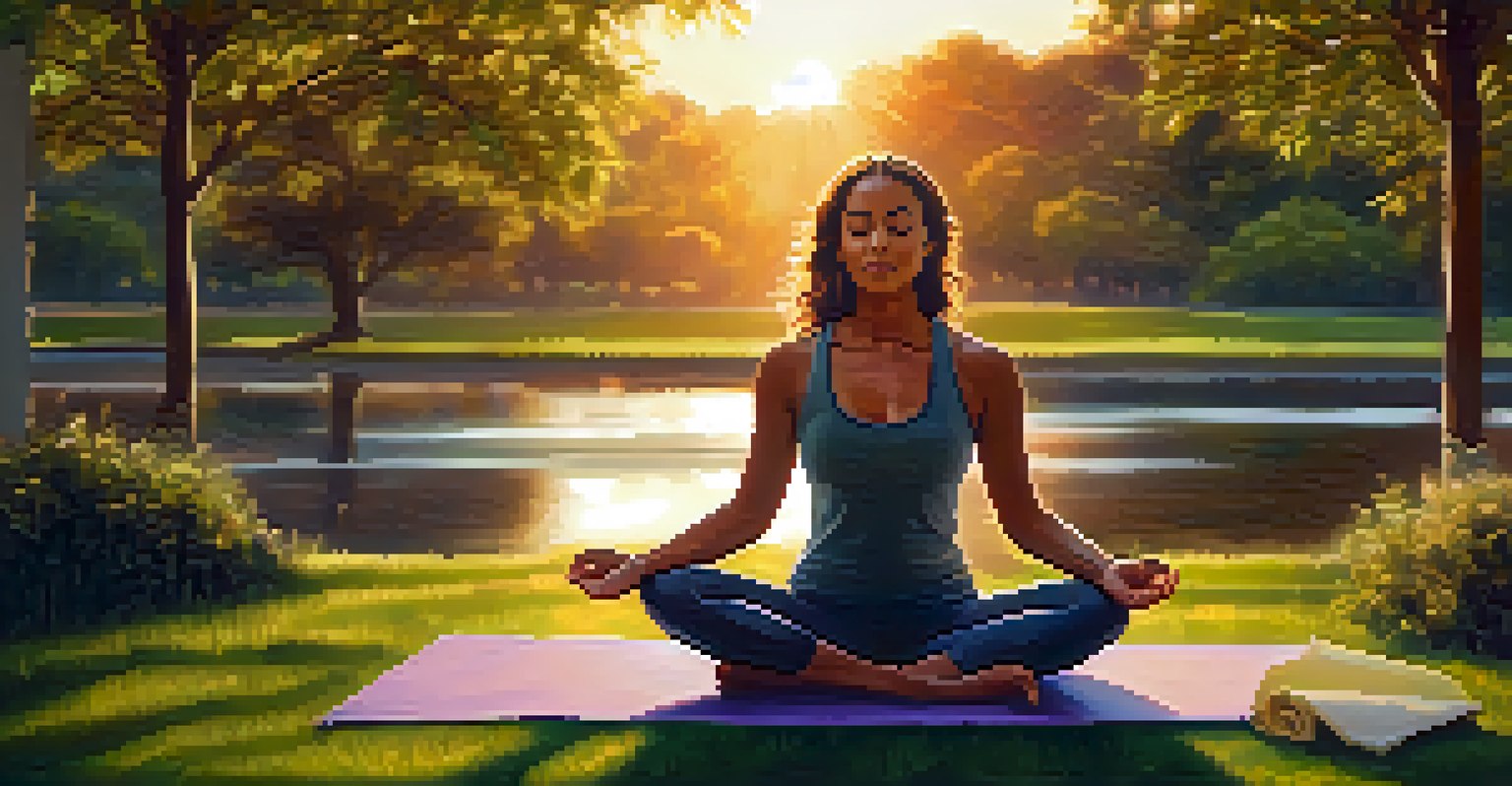 A person meditating on a yoga mat in a park at sunset, surrounded by greenery.