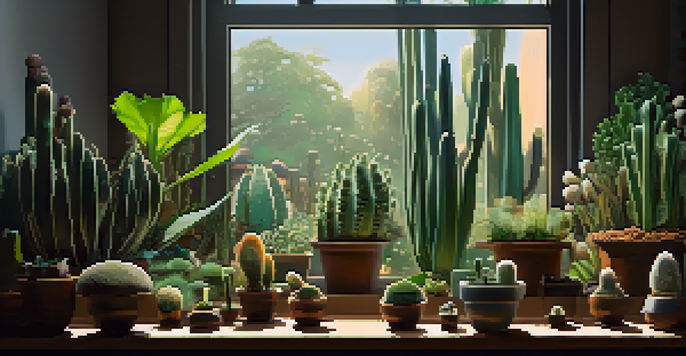 An indoor cultivation space with psilocybin mushrooms and a peyote cactus under soft sunlight, highlighting their textures and colors.