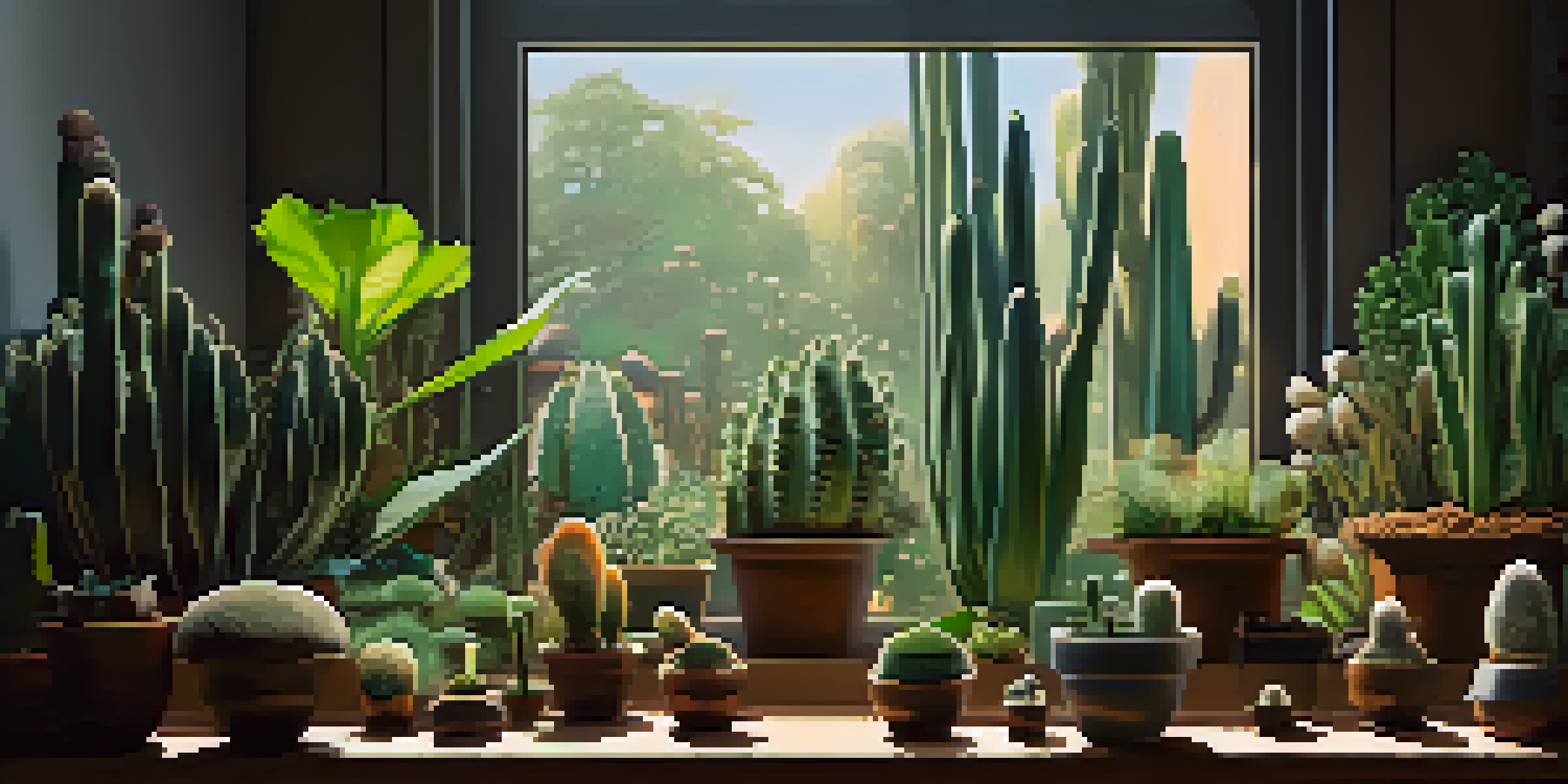 An indoor cultivation space with psilocybin mushrooms and a peyote cactus under soft sunlight, highlighting their textures and colors.