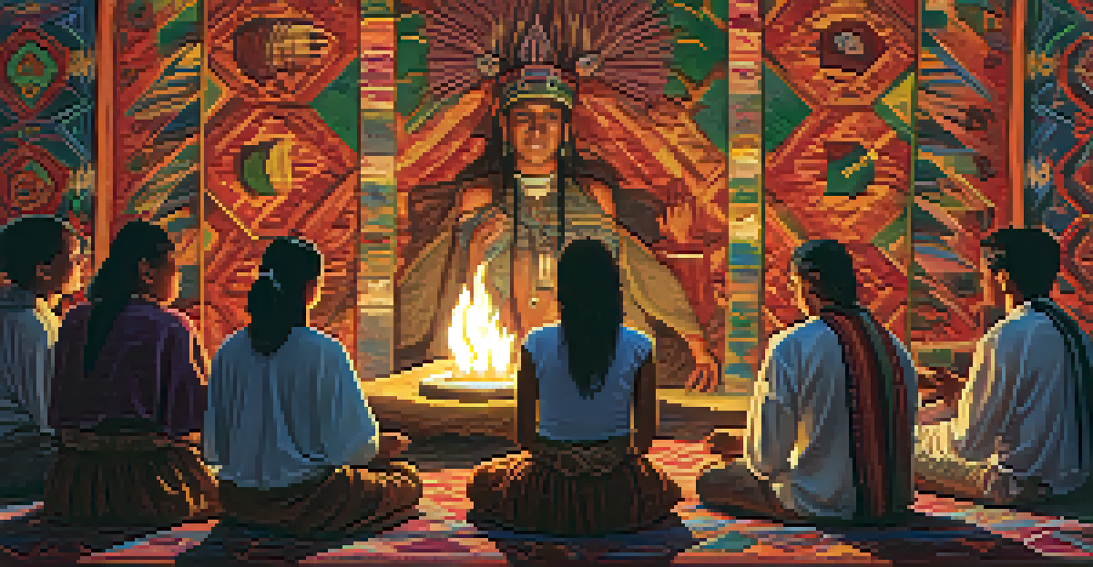 A group of Mesoamerican people in a circle during a ceremonial ritual, led by a shaman in a warm candlelit setting.