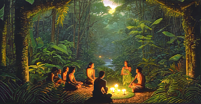 A tranquil scene in the Amazon rainforest with lush green plants and a winding vine, featuring a small group of people in a ceremonial gathering.