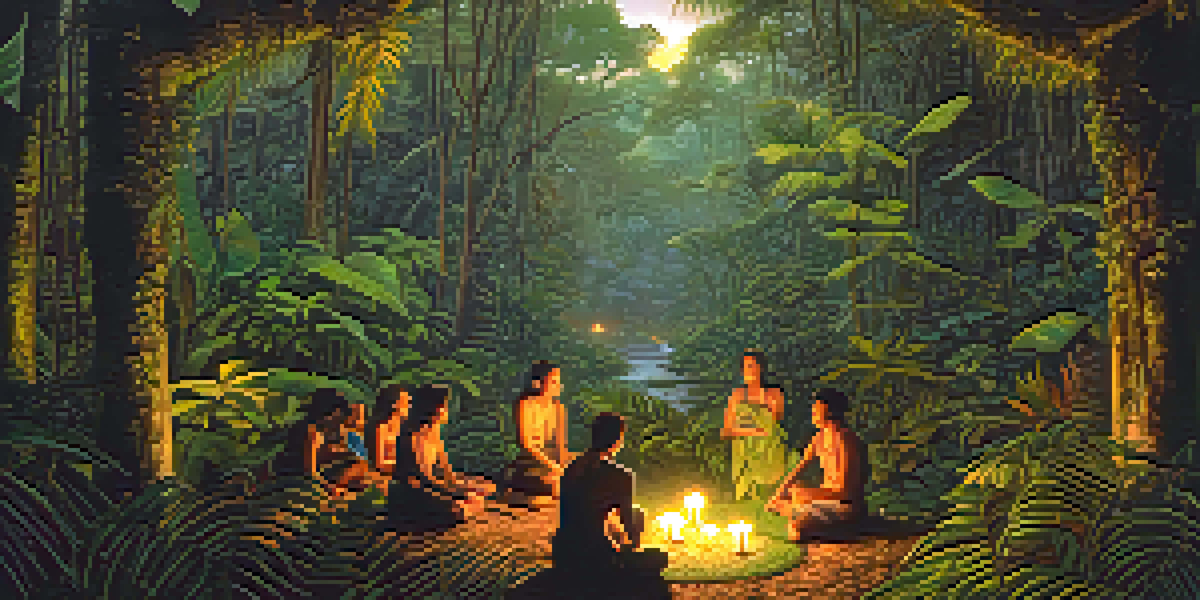 A tranquil scene in the Amazon rainforest with lush green plants and a winding vine, featuring a small group of people in a ceremonial gathering.