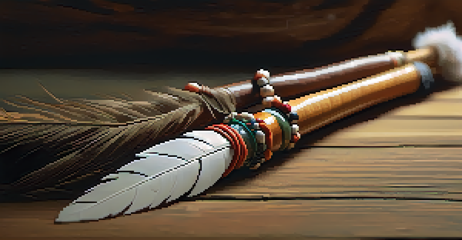 A detailed view of a wooden Indigenous healing staff with feathers and beads, set against a blurred natural background.