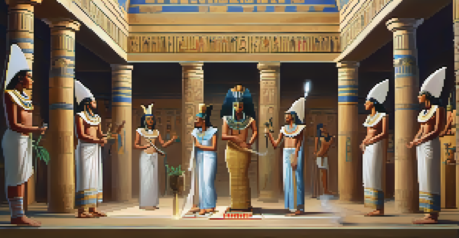Ancient Egyptian priests preparing cannabis for rituals in a grand temple, surrounded by hieroglyphics and sacred offerings.