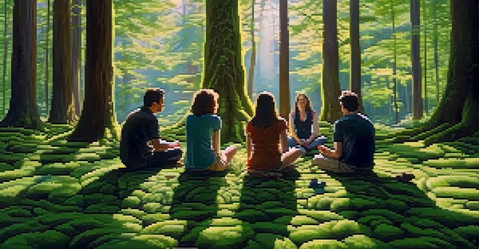 A peaceful forest scene with a group of people sitting in a circle, surrounded by tall trees and sunlight filtering through the leaves.