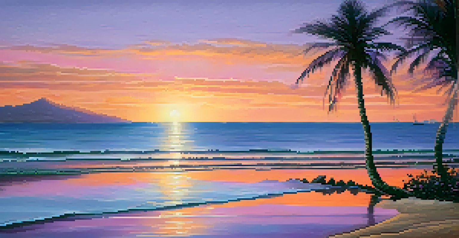 A tranquil beach at sunset with vibrant colors in the sky and silhouettes of palm trees, creating a serene tropical scene.