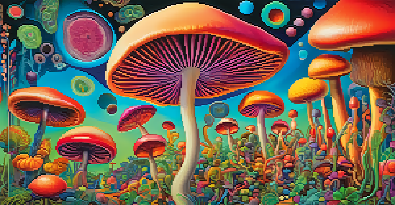 An abstract representation of hallucinogenic plants and molecules on a colorful background.