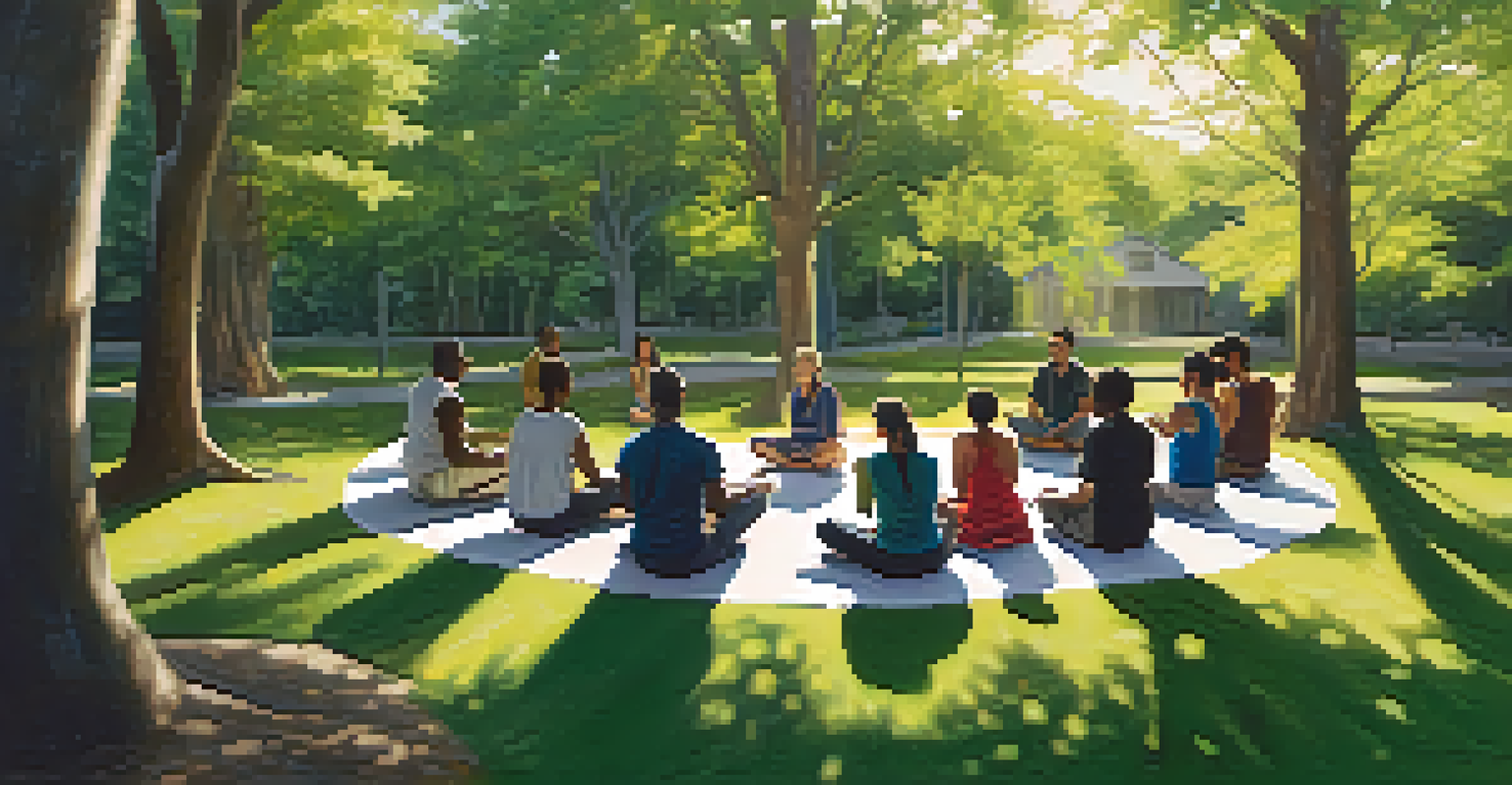 A diverse group of individuals engaged in a guided meditation session in nature, with sunlight filtering through trees, creating a sense of community.