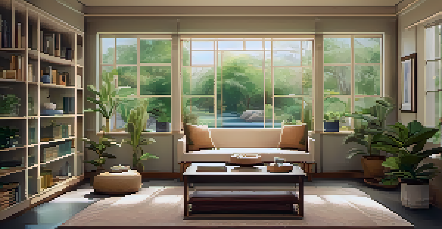 A cozy therapy room with soft lighting and a view of a garden, designed for comfort.