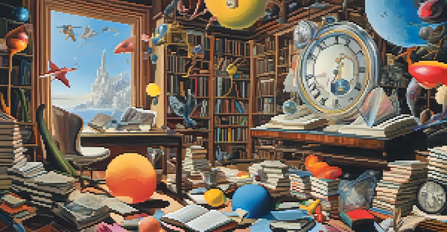 An artistic surrealist scene with a writer amidst floating books and melting clocks, surrounded by abstract shapes and vibrant colors.