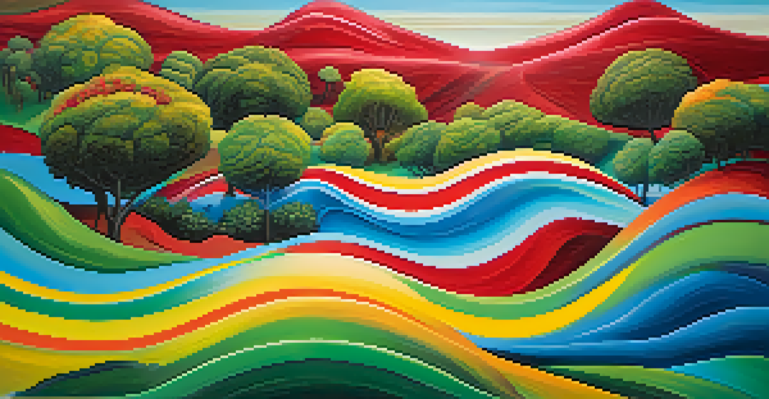 An abstract landscape with flowing sound waves in vibrant colors, representing the emotional journey facilitated by music.