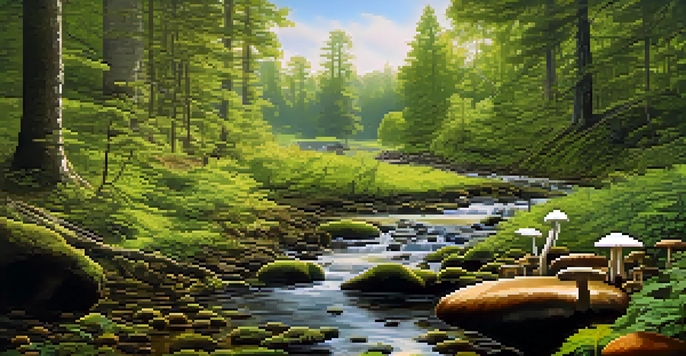 A lush green forest with sunlight filtering through the leaves, a gentle stream, and a cluster of mushrooms in the background.