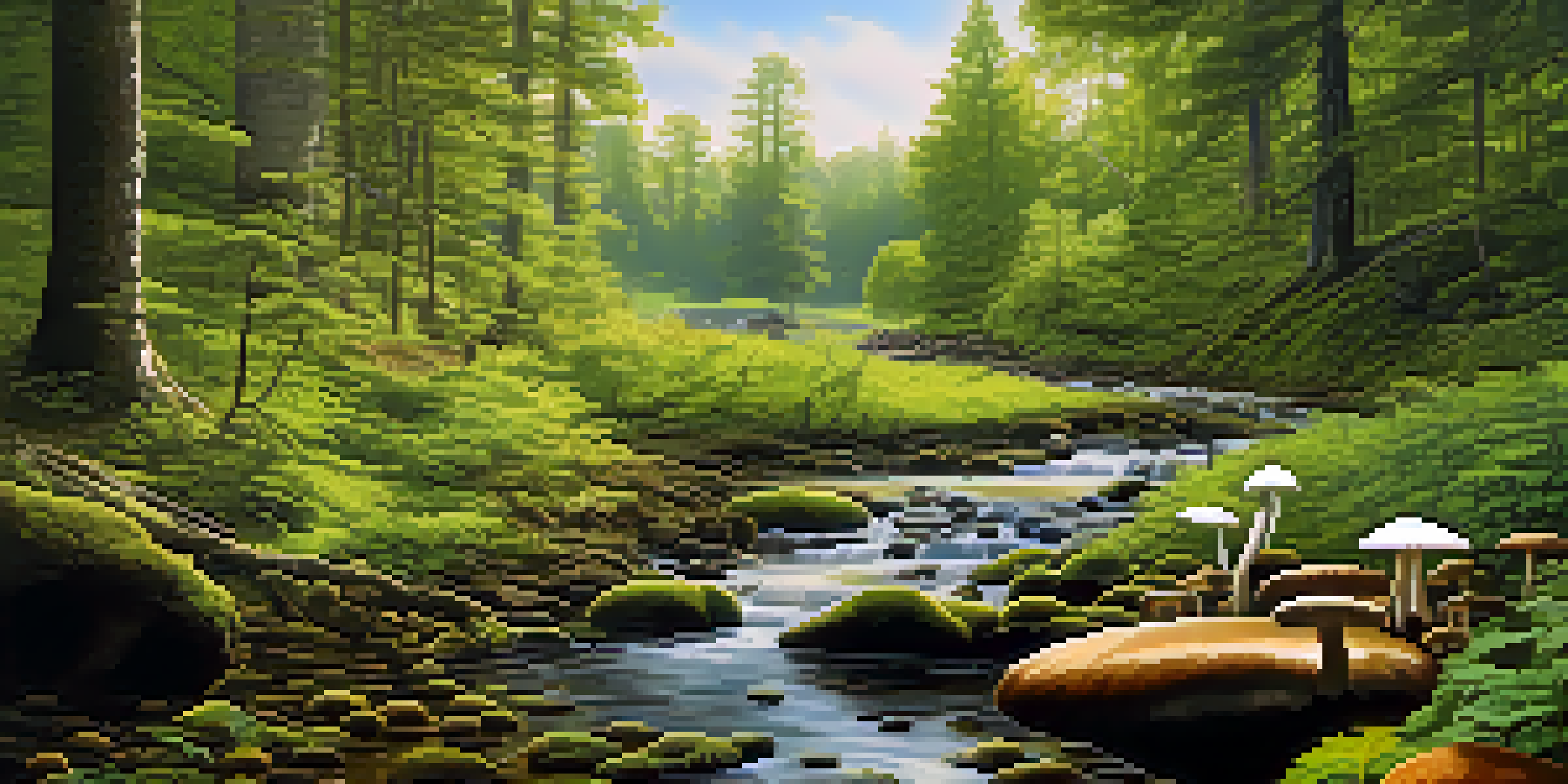 A lush green forest with sunlight filtering through the leaves, a gentle stream, and a cluster of mushrooms in the background.
