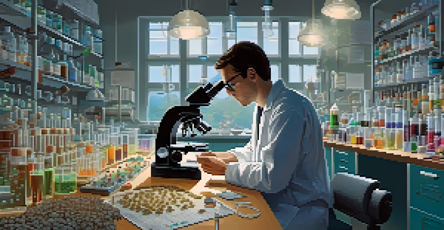 A researcher in a lab studying psilocybin mushrooms with scientific equipment.