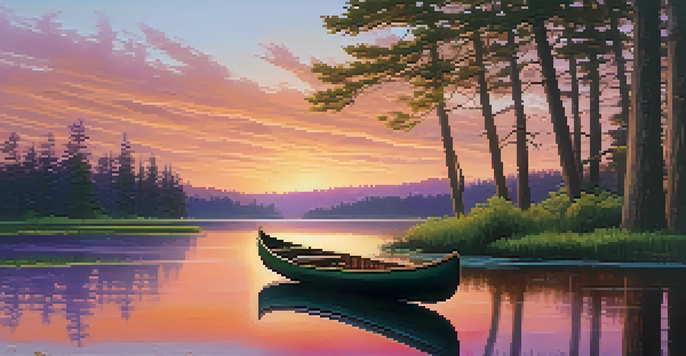 A tranquil sunset over a calm lake surrounded by a lush forest, with a small wooden canoe in the foreground.