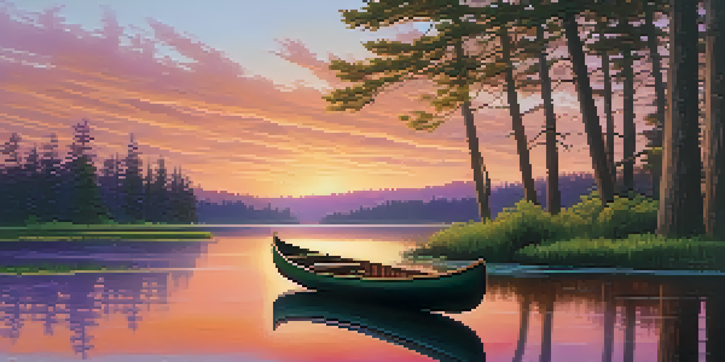 A tranquil sunset over a calm lake surrounded by a lush forest, with a small wooden canoe in the foreground.