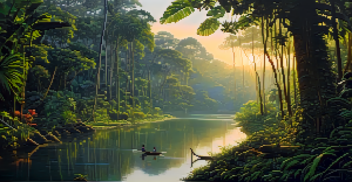 A peaceful Amazon rainforest landscape with a river, showcasing Indigenous people in traditional attire preparing for a ceremony, illuminated by soft morning light.