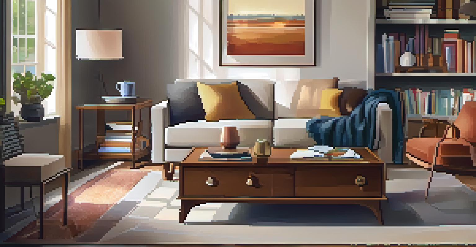 A cozy living room with a couch, cushions, and a coffee table filled with art supplies in soft lighting.