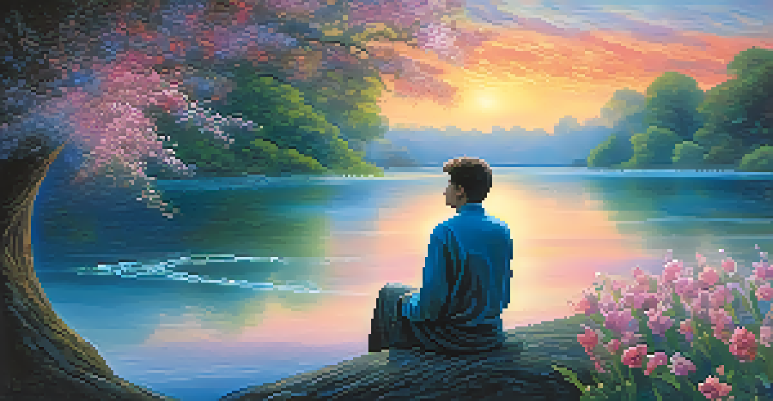 A surreal landscape with a colorful sky, tranquil lake, and a figure sitting by the water, surrounded by flowers and mist.