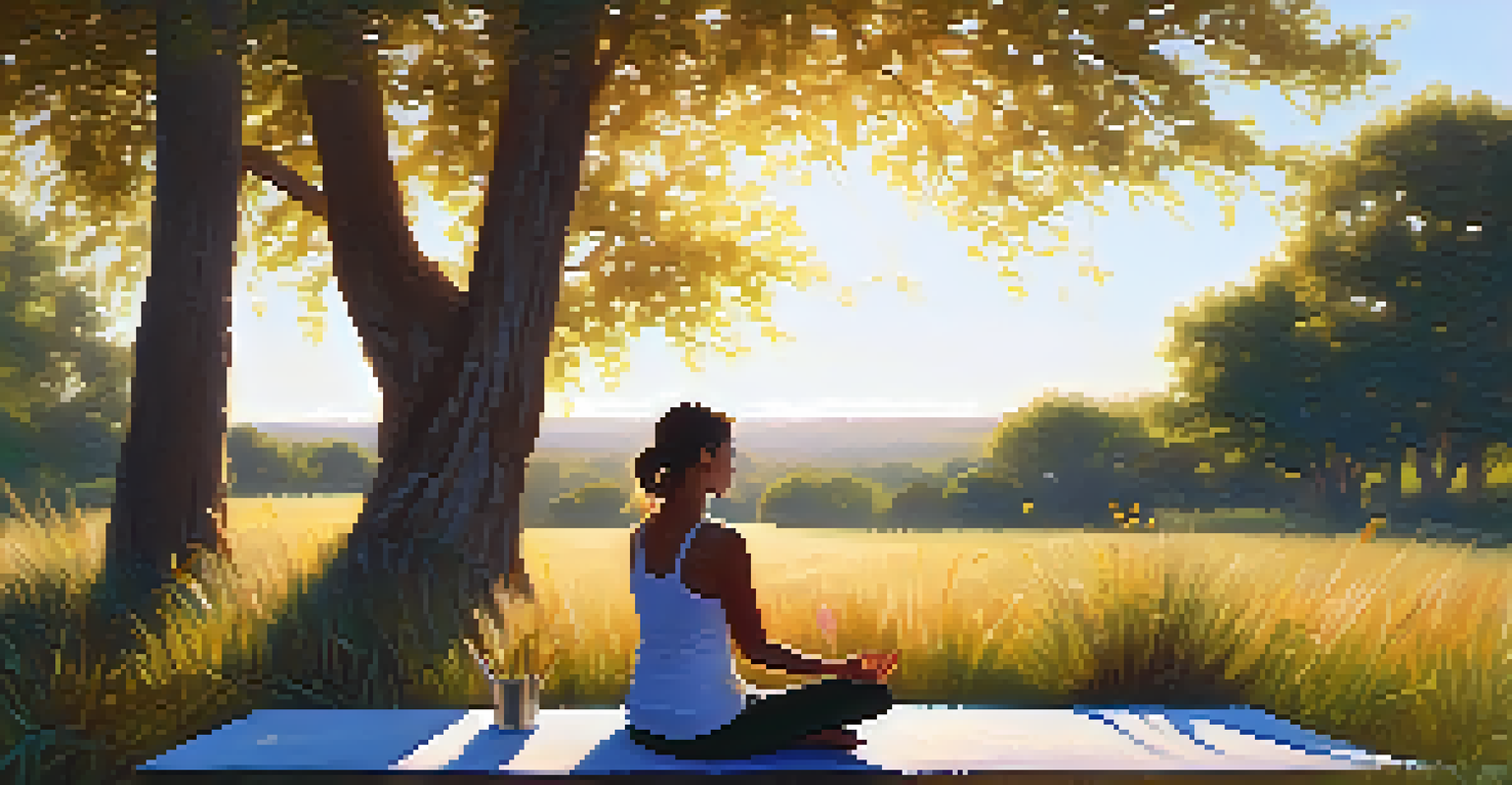 A calm outdoor scene with a person resting on a yoga mat in a field of grass and flowers, illuminated by warm sunset light.