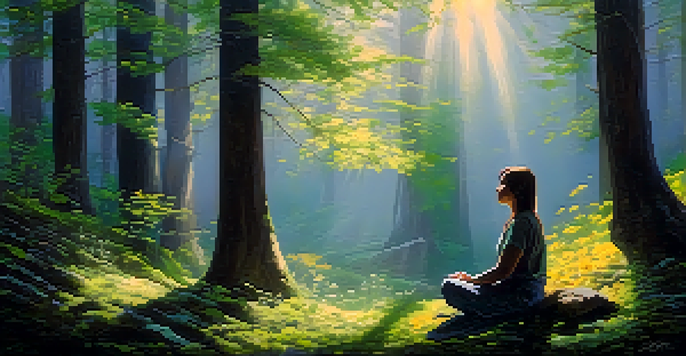 A person meditating in a sunlit forest surrounded by flowers and moss.