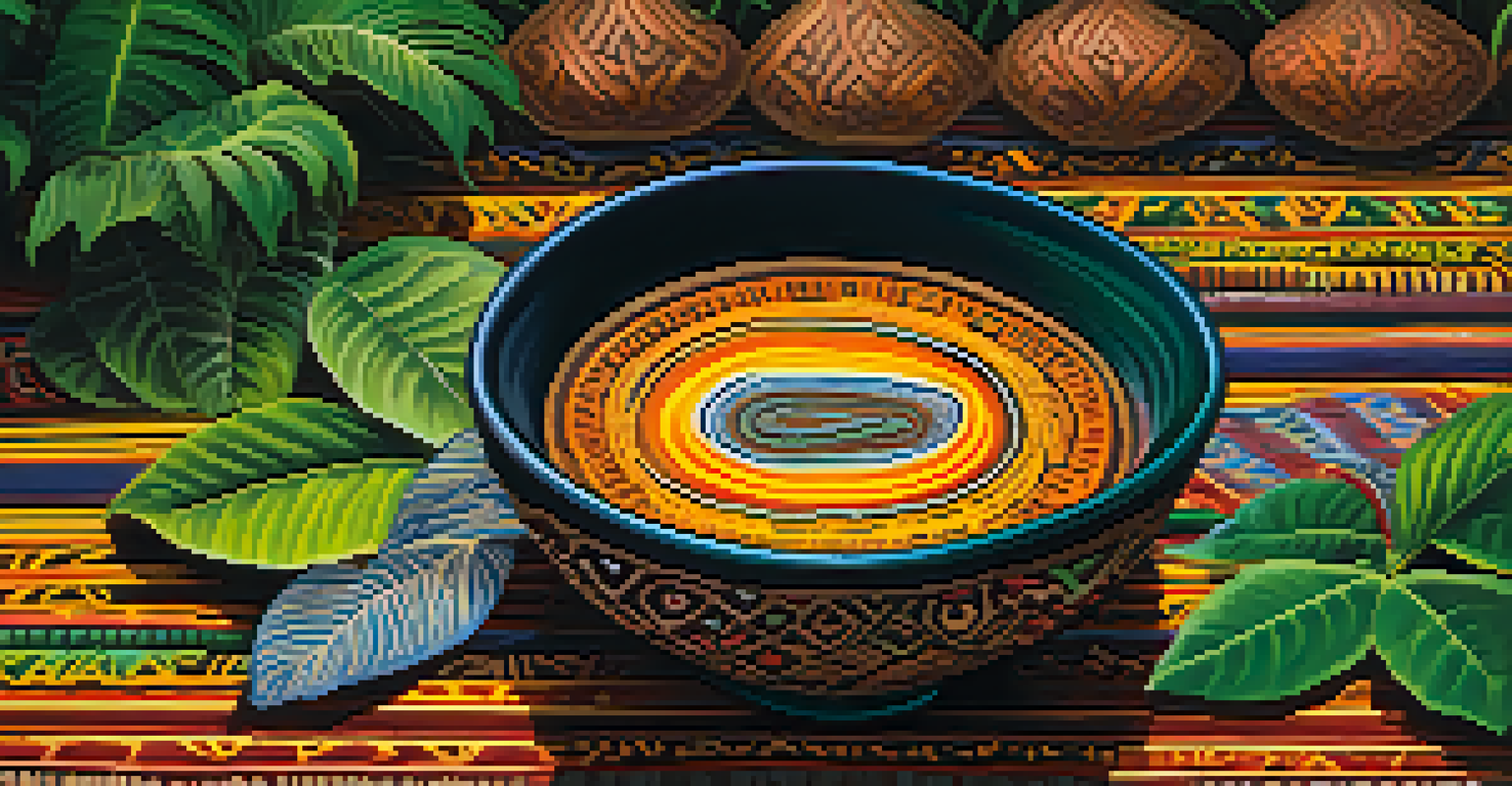 A close-up of an ayahuasca brew in a traditional bowl on a woven mat, surrounded by lush green plants.